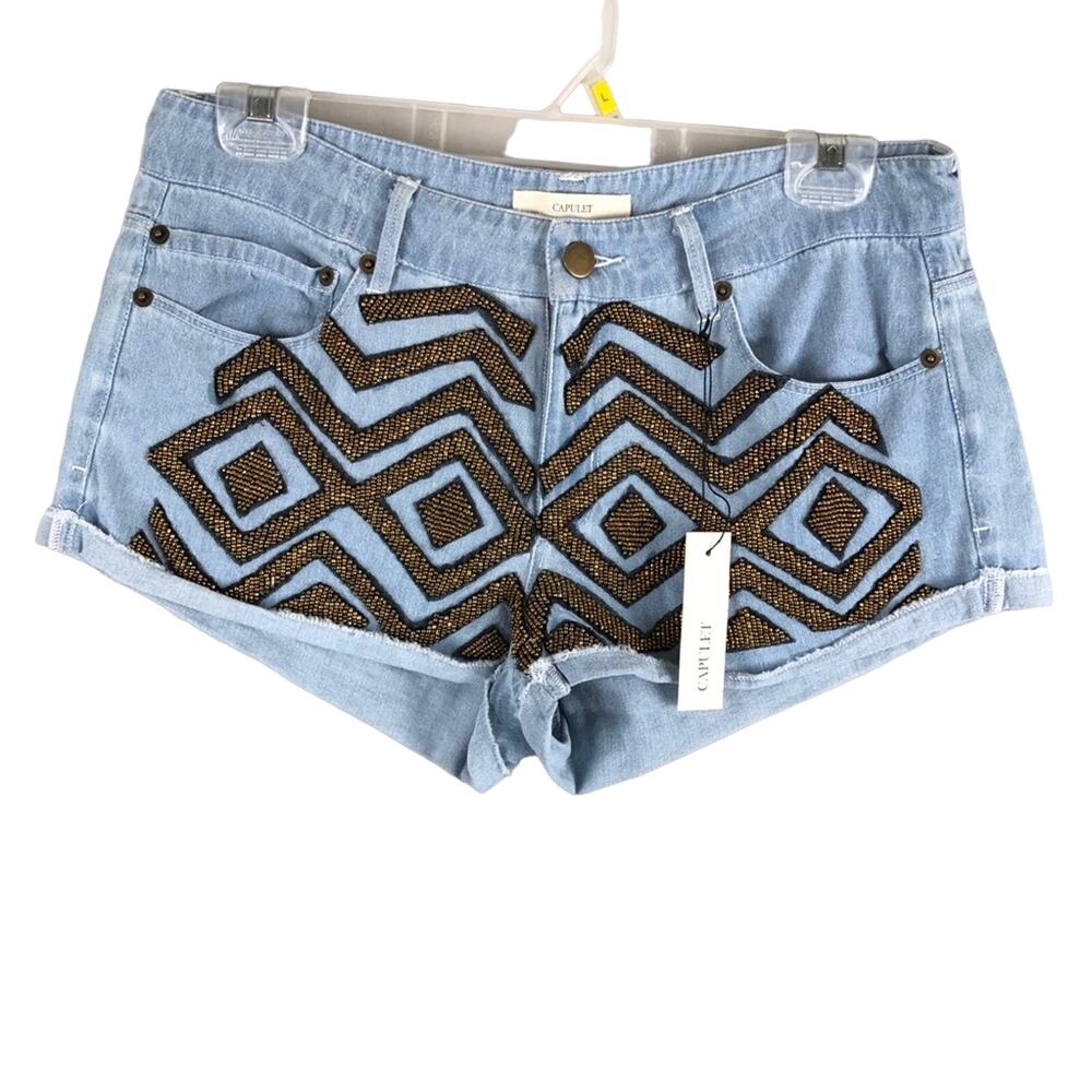 Capulet Revolve Blue Chambray Beaded Front Lightweight Raw Hem Cuffed Shorts